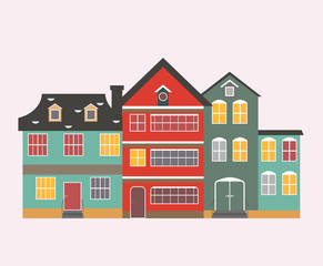 Buildings and modern city houses flat design of retro and modern city houses. Old buildings, skyscrapers. colorful cottage building, cafe house. White background. Vector illustration.
