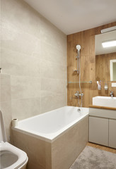 Brown tones bathroom , toilet and white wall.Huge .modern design.Scandinavian