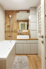 Brown tones bathroom , toilet and white wall.Huge .modern design.Scandinavian