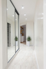 Interior of bright coridore home. Mirror on left side