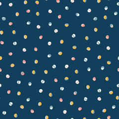 Modern hand drawn polka dots seamless vector pattern. Abstract geometric background. Textured circles randomly scattered. Collage style dots blue, pink, coral, gold. For fabric, decor, paper.