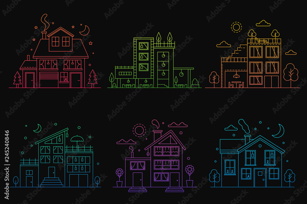 Poster set of gradient line urban and suburban houses isolated on black background outline vector illustrat