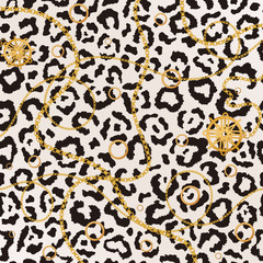 Realistic luxury golden Chains on Leopard animal skin background seamless pattern vector illustration.