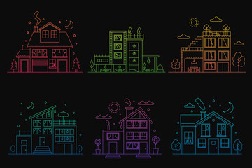 Set of gradient line urban and suburban houses isolated on black background outline vector illustration.