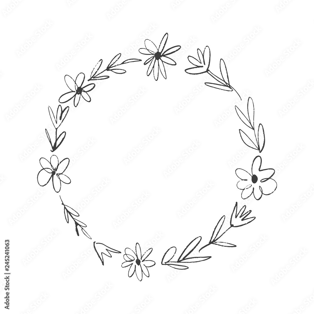 Wall mural boho floral frame, wreath, text template, circle flowers. decor element