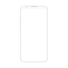 High quality realistic new version of soft clean white frameless smartphone with blank white screen. Realistic vector mockup no frame phone for visual ui, commercial app demonstration.
