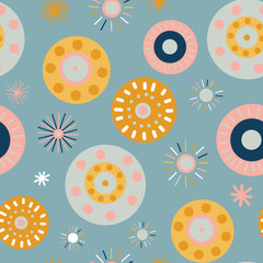 Collage style circles seamless vector background. Modern flat Scandinavian style dots. Abstract round shapes pink, coral, gold, blue, white. Use for feminine decor, fabric, kids, paper, banner