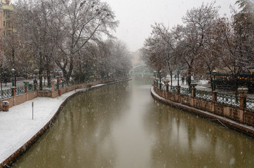 Fototapeta na wymiar Snowfall in the city,