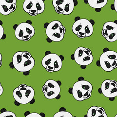 Panda head seamless pattern. Vector hand drawn illustration on green. Surface design