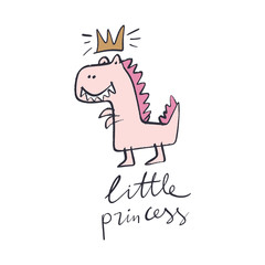 Children's handwriting. Funny doodle cute girl dinosaur. Baby stylish art, nursery