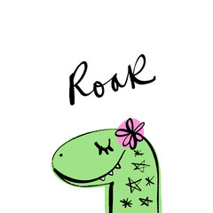 Children's handwriting. Funny doodle cute girl dinosaur. Baby stylish art, nursery