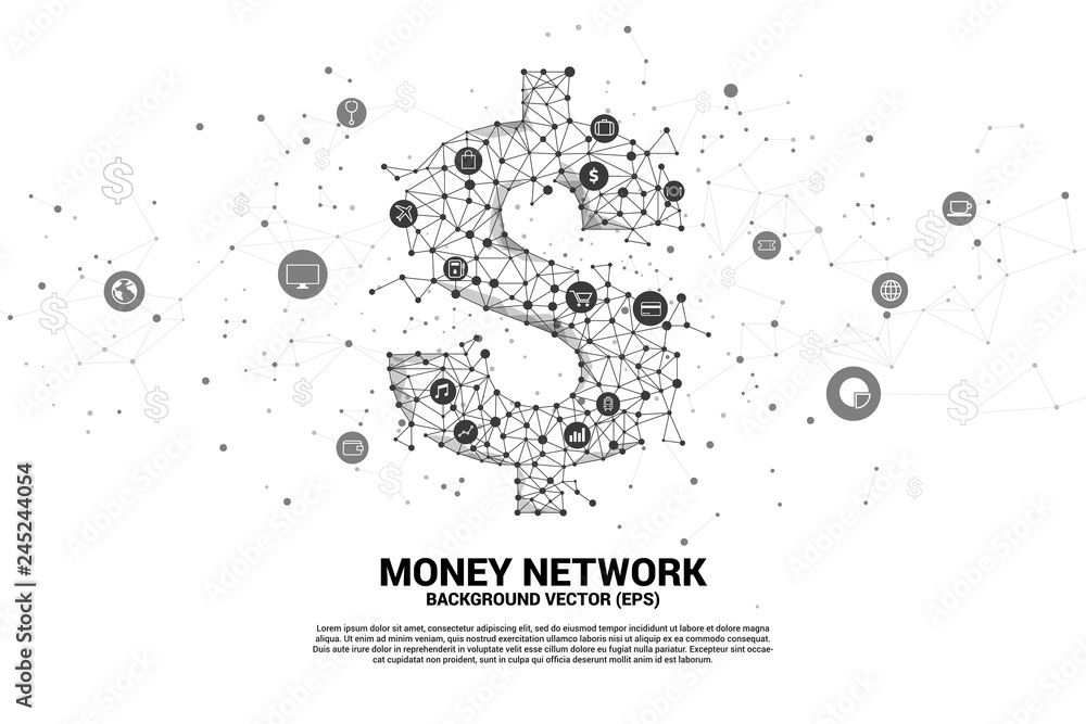 Poster Vector money dollar icon from Polygon dot connect line. Concept for financial network connection.