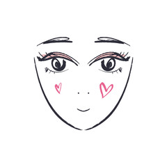 Anime or manga kawaii face hand drawn brush sketch. EPS illustration