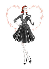 Watercolor illustration of a woman in love in evening dress, with makes a gesture her hand