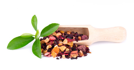 Fruit tea with hibiscus, apple, raspberry, rose petals and dog-rose, isolated on white background.