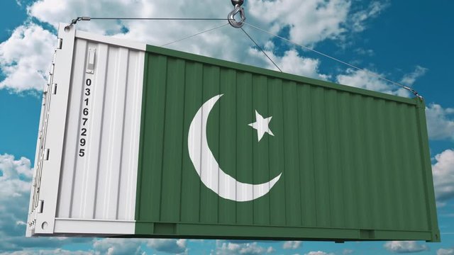 Container with flag of Pakistan. Pakistani import or export related conceptual 3D animation