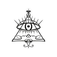 Hand drawn Eye of Providence stylized symbol. Triangle pyramid. Boho alchemy symbol tattoo or sticker. Isolated EPS