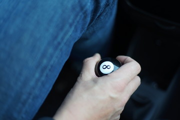 Eightball eight ball gear shift knob inside a car, ready for a race