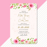 wedding invitation card with pink floral border watercolor