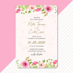 wedding invitation card with pink floral border watercolor