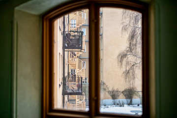 Fototapeta na wymiar old wooden window frame in old apartment building