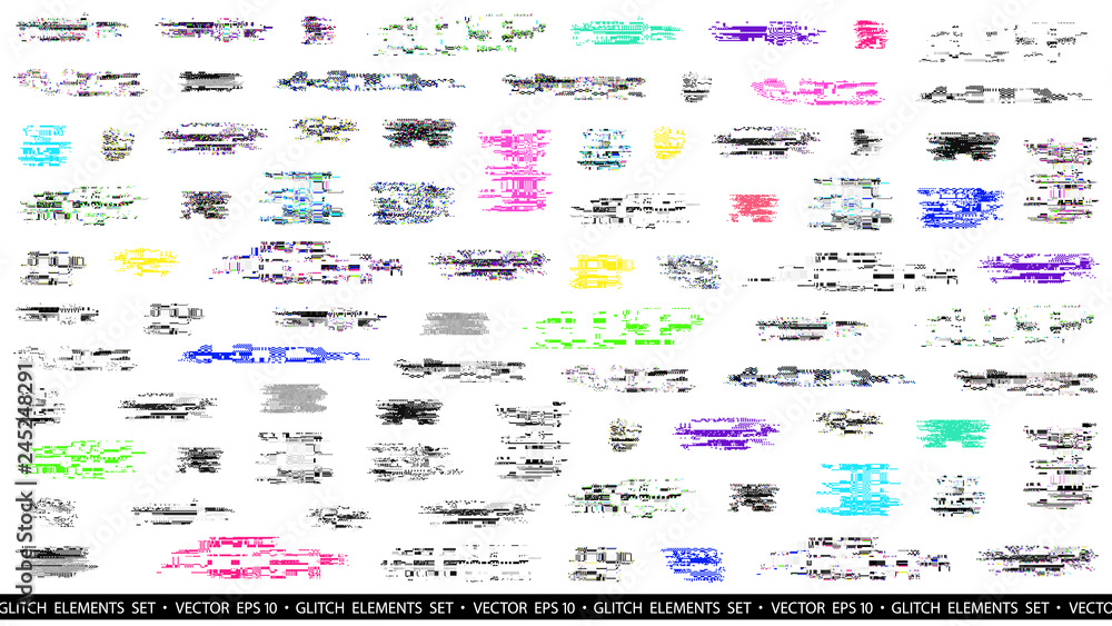 Poster glitch elements set. computer screen error templates. digital pixel noise abstract design. poster de