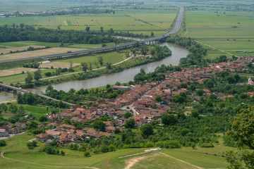 Aerial view of Uroi town near Mures river