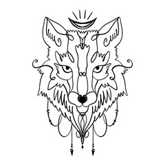 Patterned head of the wolf, animal face on white background. African or indian totem, boho style, flash tattoo design