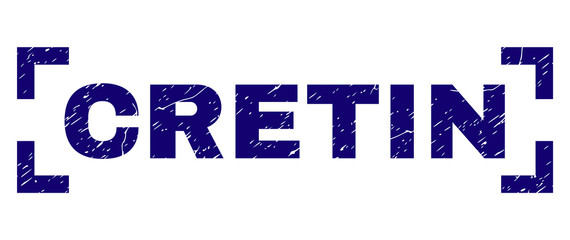 CRETIN title seal print with grunge style. Text title is placed inside corners. Blue vector rubber print of CRETIN with retro texture.