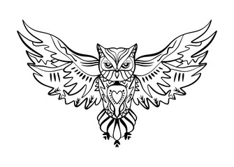Obraz premium Owl tattoo outline. Boho tribal style. Line ethnic ornaments. Poster, spiritual art, symbol of wisdom. Antistress art