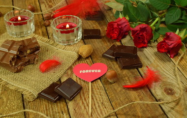 Valentine's Day - love forever, 3 red roses and candles