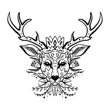 Wild beautiful deer, hand drawn boho stylish portrait with ornament. Tattoo line work