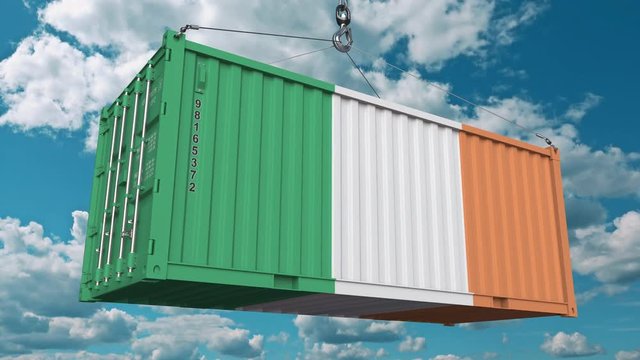 Loading cargo container with flag of Ireland. Irish import or export related conceptual 3D animation