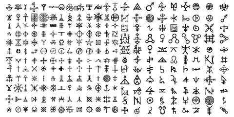 Big set of esoteric symbol design elements. Imaginary handwritten alchemy signs, space, spirituality, inspired by mysticism, freemasonry, astrology. Vector . - obrazy, fototapety, plakaty