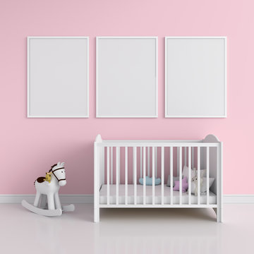 Three blank photo frame for mockup in pink room, 3D rendering