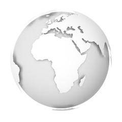 Fototapeta na wymiar Earth globe. 3D world map with white lands dropping shadows on light grey seas and oceans. Vector illustration