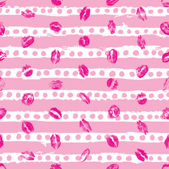 XOXO style kisses brush grunge and lipstick kiss stain seamless pop up background. Kiss day, Valentine's background, Love fashion. Vector.