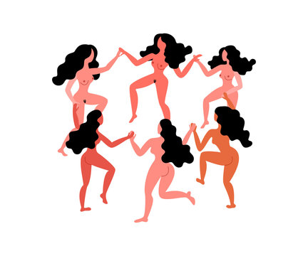 Round dance naked women. Nude women hold hands. Vector illustration on March 8th. Card for Women's Day.