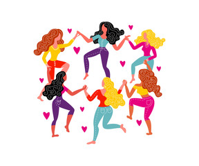 Women's round dance and hearts. Women dance in circles, holding hands. Illustration for women's day.