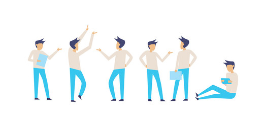 Set of man with blue jeans and white sweatshirt presentation in various poses, action, running, standing and walking. White background. Vector illustration.