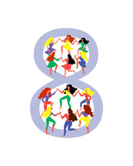 Figure 8 surrounded by dancing women. Women dance in figure 8. Vector illustration for International Women's Day.