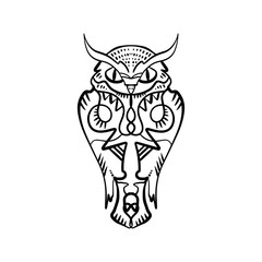 Owl tattoo outline. Boho tribal style. Line ethnic ornaments. Poster, spiritual art, symbol of wisdom. Antistress art