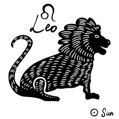 Hand drawn zodiac constellations symbol and sign Leo, Sun illustration picture planet and symbol written name. Usable for mystic occult palmistry and witchcraft alchemy. Vector