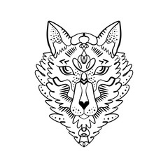 Totem wolf or fox, boho hippie illustration for sketches of tattoos. Northen style, sticker. Antistress art