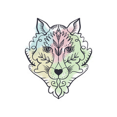 Totem wolf or fox, boho hippie illustration for sketches of tattoos. Northen style, sticker. Antistress art