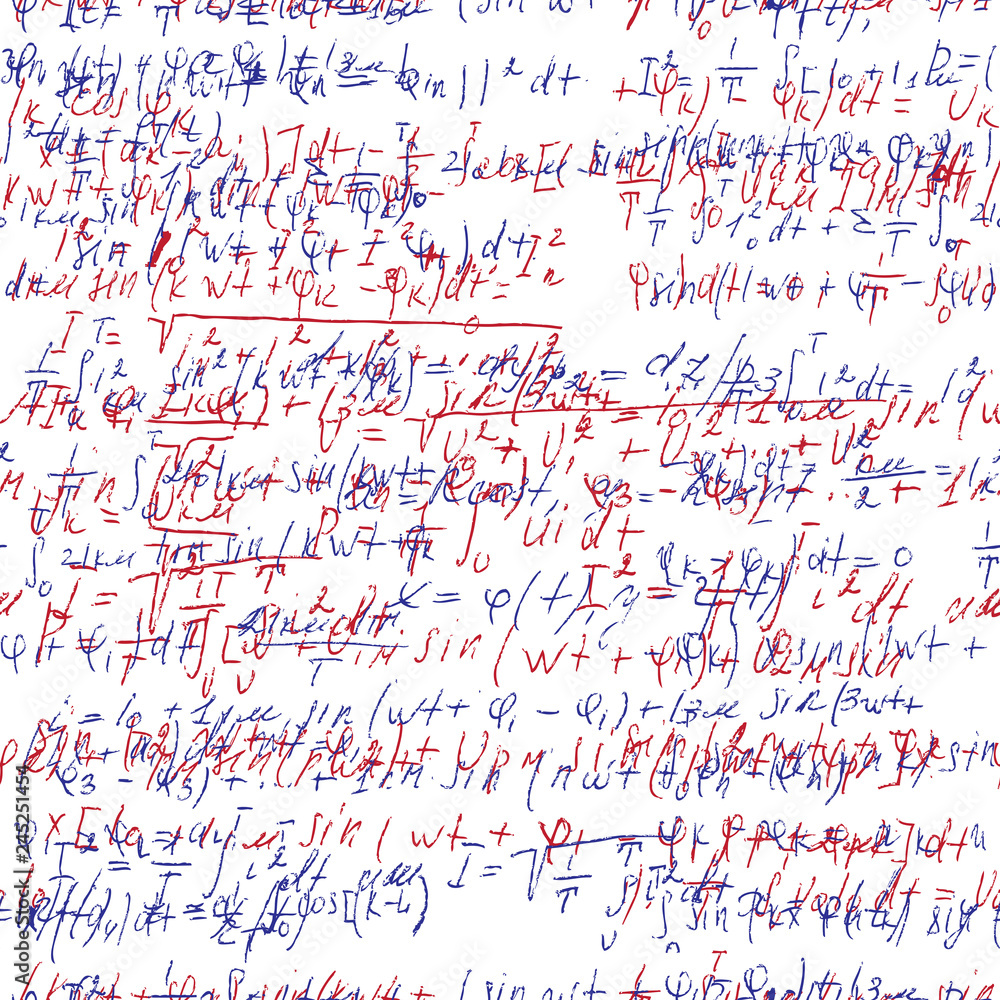 Poster math seamless board with handwritten mathematical and physics formulas and proves. vector