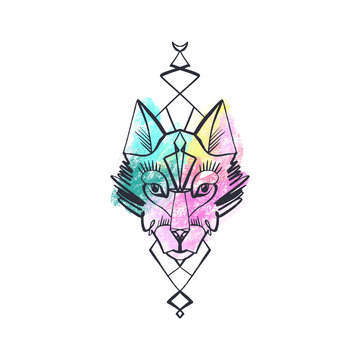 Patterned head of the wolf, animal face on white background. African or indian totem, boho style, flash tattoo design