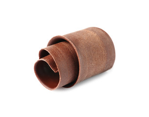 Yummy chocolate curl for decor on white background