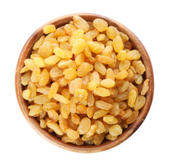 Bowl with dried golden raisins isolated on white, top view. Healthy nutrition with fruits