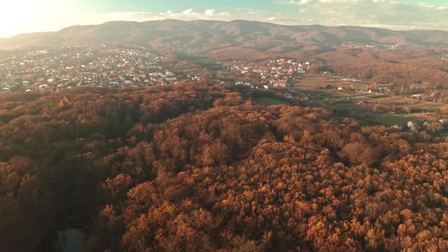 Beautiful landscape from Zagreb on sunset with a view of Peto lake and Maksimir Park. Croatia. Aerial view traveling